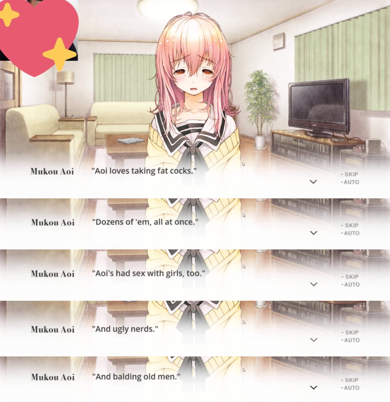 a screenshot of the game: You and me and her a love story. the character aoi has a pathetic look on her face and she's saiyng: aoi loves taking fat cocks. dozens of em, all et once. aoi's had sex with girls, too. and ugly nerds. and balding old men