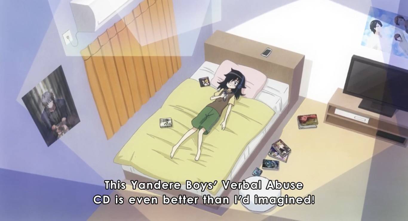a screenshot of the anime watamote, where tomoko is laiyng on her bed listening to a cd with headphones on, the subtitles read: This yandere boys' verbal abuse CD is even better than id imagined!