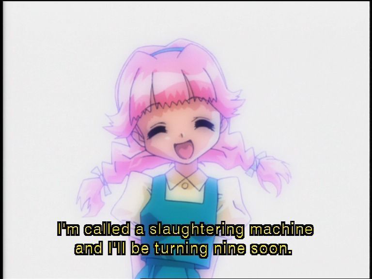 a retro anime screenshot of a cute girl with pink hair in braids smiling at the viewer on a white background with bloom filter, the subtitles read: Im called slaughtering machine and ill be turning nine soon
