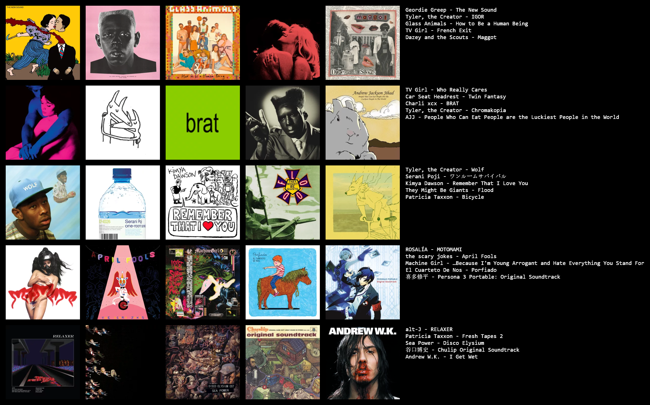 a topster listing my favorite music albums, the albums listed are the new sound by geordie greep, IGOR by tyler the creator, 
how to be a human being by glass animals, maggot by dazey and the scouts, who really cares by tv girl, twin fantasy by car seat head rest, brat by charli xcx, chromakopia by tyler the creator,
people who can eat people are the luckiest people in the world by andrew jackson jihad, wolf by tyler the creator, one room survival by serani poji, remember that i love you by kimya
dawson, flood by they might be giants, bicycle by patricia taxxon, motomami by ROSALIA, april fools by the scary jokes, because im young arrogant and hate everything you stand for by 
machine girl, porfiado by el cuarteto de nos, the persona 3 portable soundtrack, relaxer by alt-j, fresh tapes 2 by patricia taxxon, the disco elysium soundtrack by sea power, the chulip
soundtrack, and i get wet by andrew wk