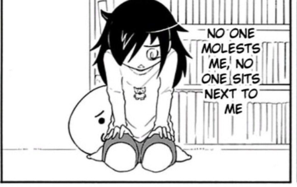 a panel of the manga watamote, where tomoko is sitting down on the floor looking dejected and shes saiyng: no one molests me, no one sits next to me