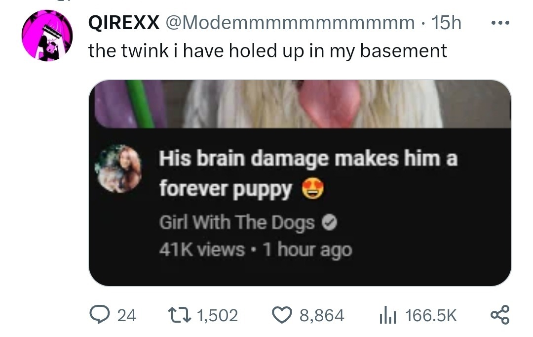 a twitter screenshot from user QIREXX @modem(with 11 m's at the end), the text says the twink i have holed up in my basement, below is a youtube screenshot of a video title that says: his brain damage makes him a forever puppy 😍